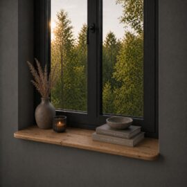 Fensterbank aus Altholz Eiche Japandi 25 mm – Runde Ecken
