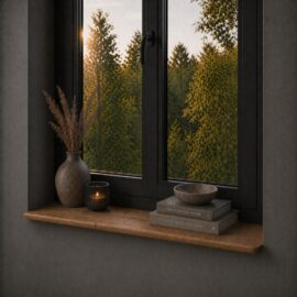 Fensterbank aus Altholz Eiche im Japandi Stil 25 mm – Schräge Facettkante & Runde Ecken