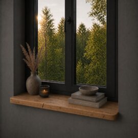 Fensterbank aus Altholz Eiche Japandi 45 mm – Runde Ecken
