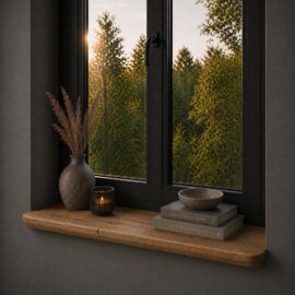 Fensterbank aus Altholz Eiche im Japandi Stil 45 mm – Schräge Facettkante & Runde Ecken