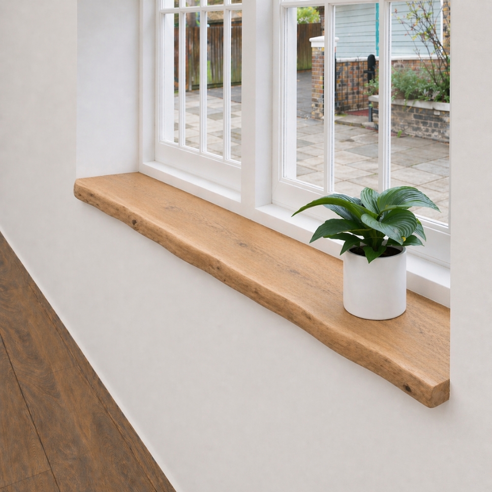 Fensterbank aus Eiche 42 mm Neueiche Maßanfertigung, Baumkante (1) Fensterbank aus Eiche 42 mm Neueiche Maßanfertigung, Baumkante