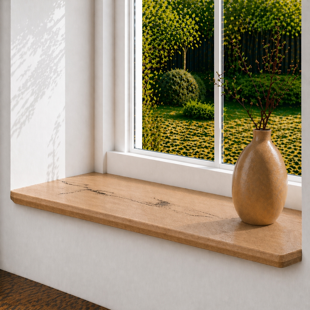 Japandi Fensterbank aus Neueiche 42 mm Maßanfertigung, Facettenkante & runde Ecken